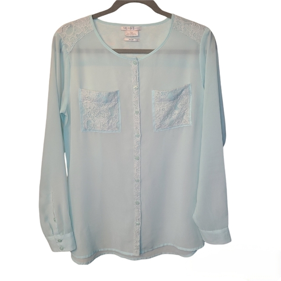 Van Heusen Top Button Down Blouse, Light Blue w/ Lace Details, Small - Picture 1 of 16
